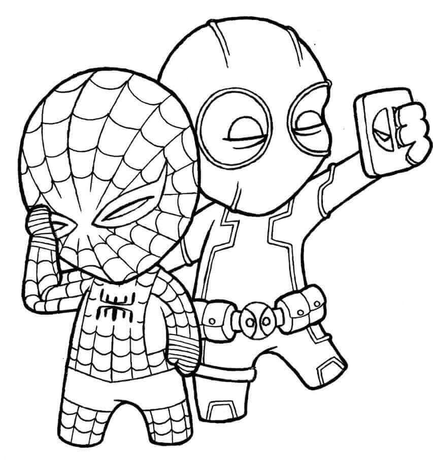 Chibi Spiderman og Deadpool Tegninger til Farvelægning