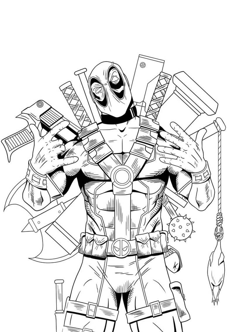 Deadpool with Weapons Tegninger til Farvelægning