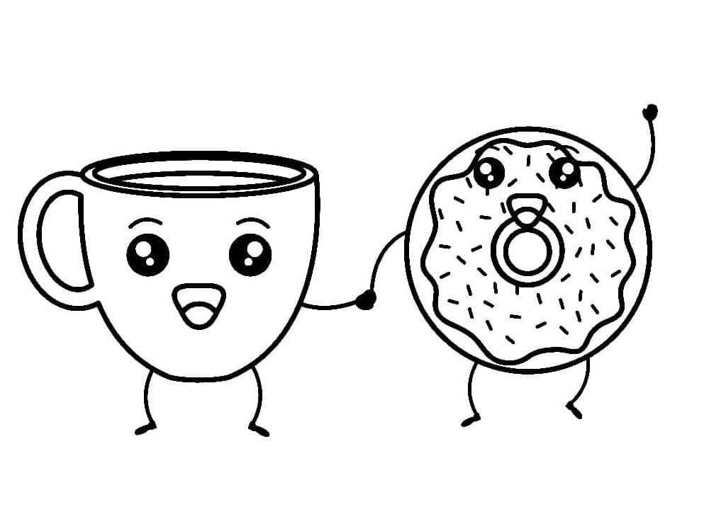 Kawaii Kaffe Og Donut Tegninger til Farvelægning