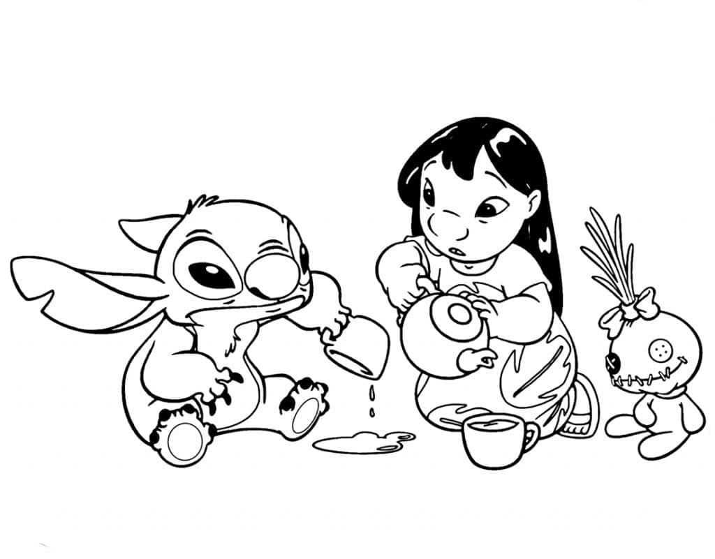 Lilo og Stitch Drikker Te Tegninger til Farvelægning