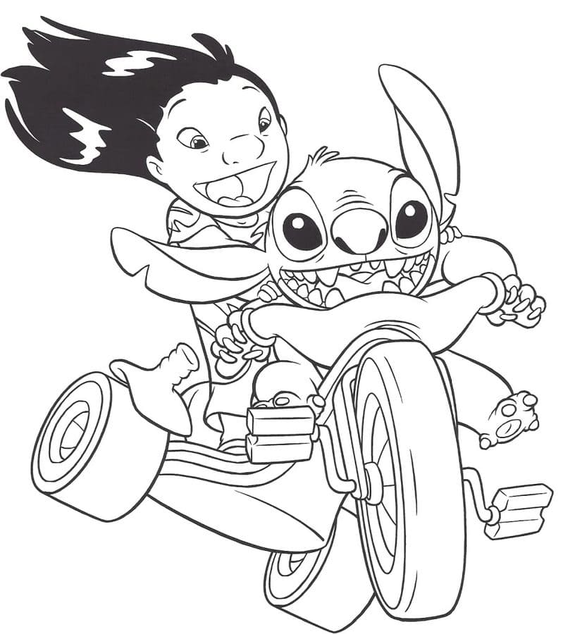 Lilo og Stitch på Trehjulet Cykel Tegninger til Farvelægning