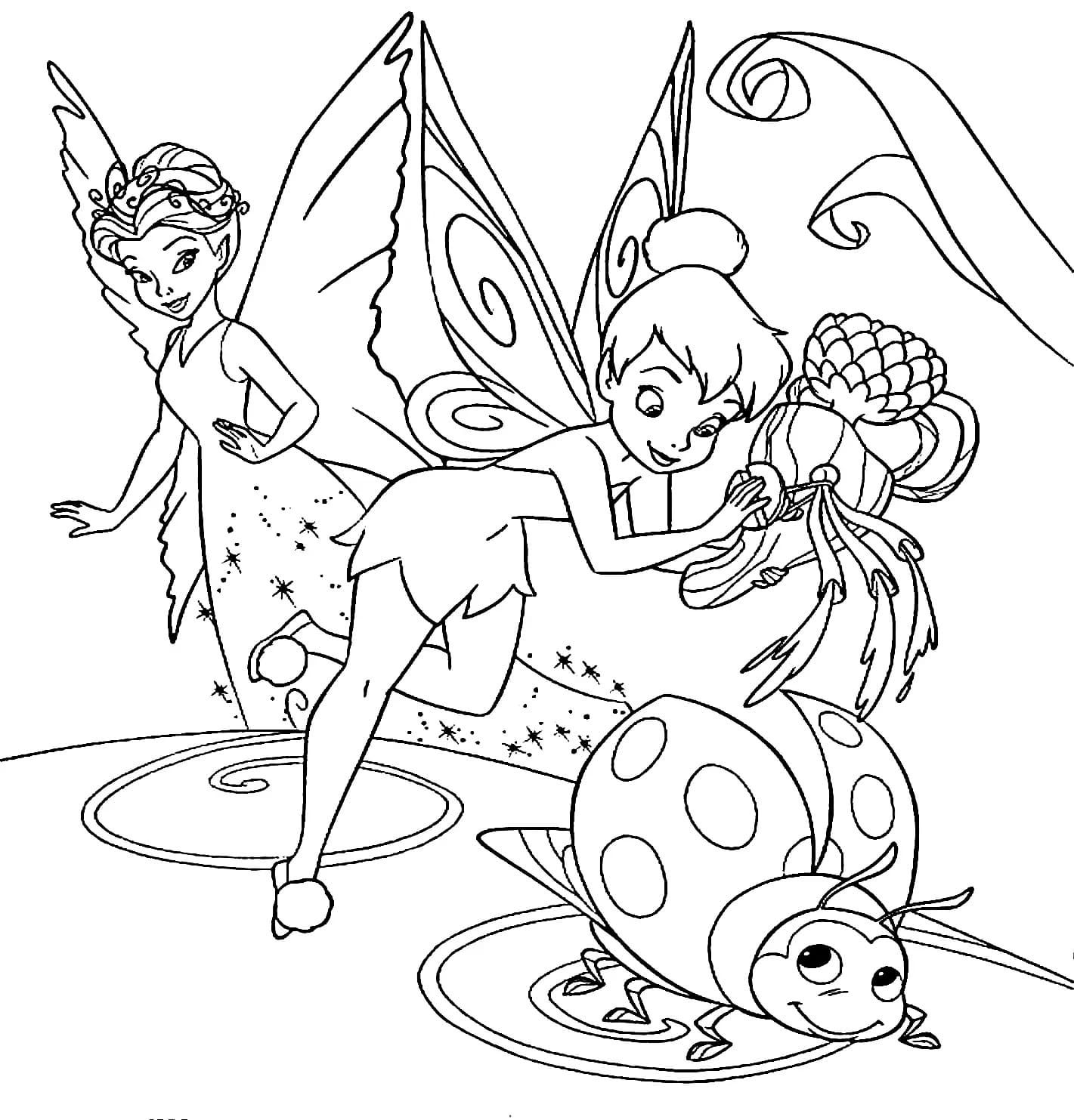 Tinkerbell og en Mariehøne Tegninger til Farvelægning