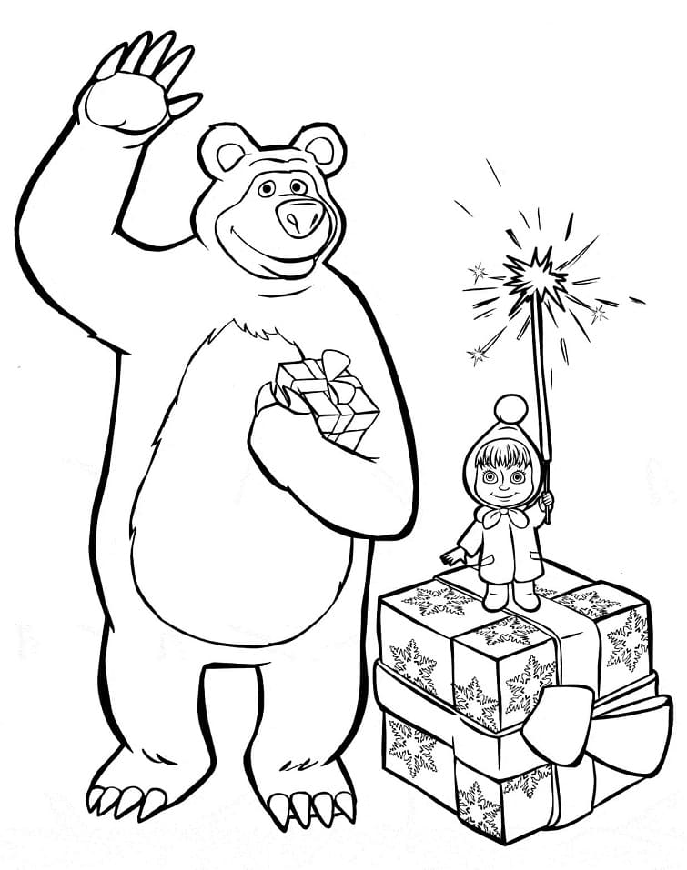 Masha og Bjørnen og en Gave Tegninger til Farvelægning