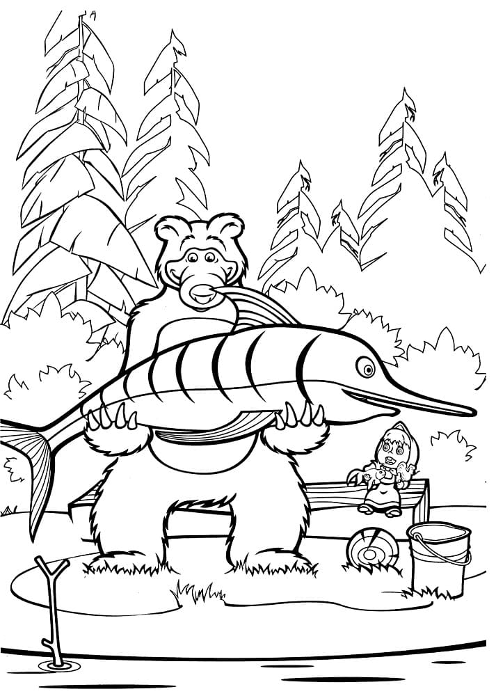 Masha og Bjørnen og Store Fisk Tegninger til Farvelægning