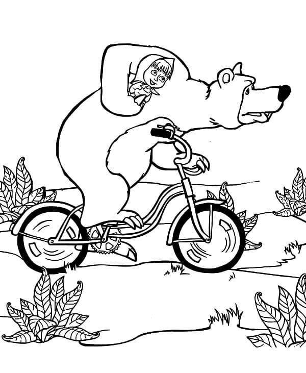 Masha og Bjørnen på Cykel Tegninger til Farvelægning