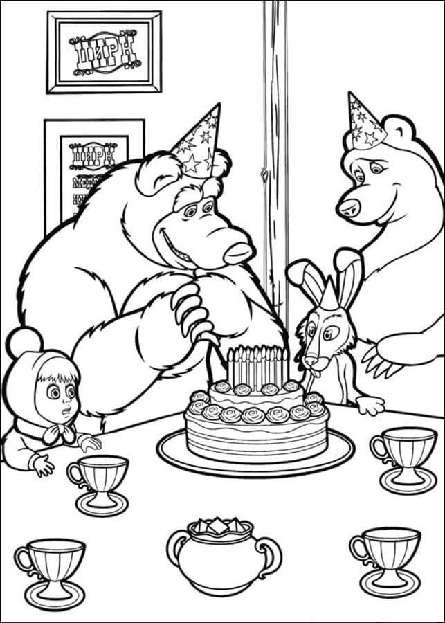 Masha og Bjørnens Fødselsdag Tegninger til Farvelægning