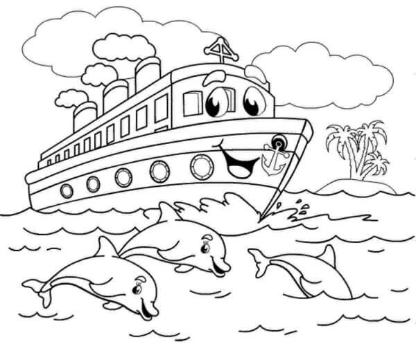 Delfinii Se Bucură De Barca Fericită Tegninger til Farvelægning