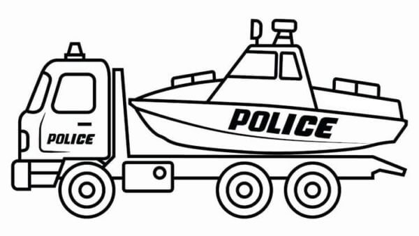 Un Camion De Remorcare a Poliției Conduce O Barcă De Poliție Către Apă Tegninger til Farvelægning