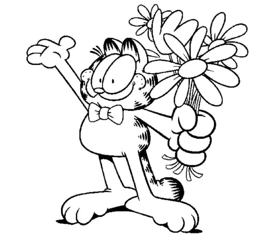 Garfield Med En Buket Blomster Tegninger til Farvelægning