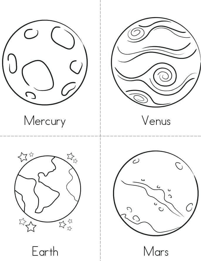 Merkur, Venus, Jorden og Mars Tegninger til Farvelægning