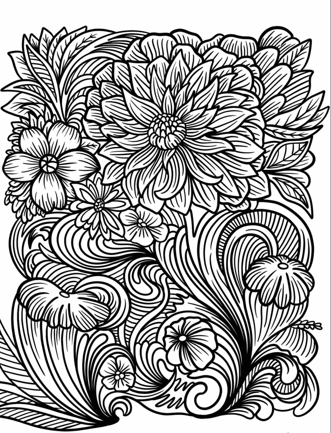Smukke blomster omgivet af blade Zentangle Tegninger til Farvelægning