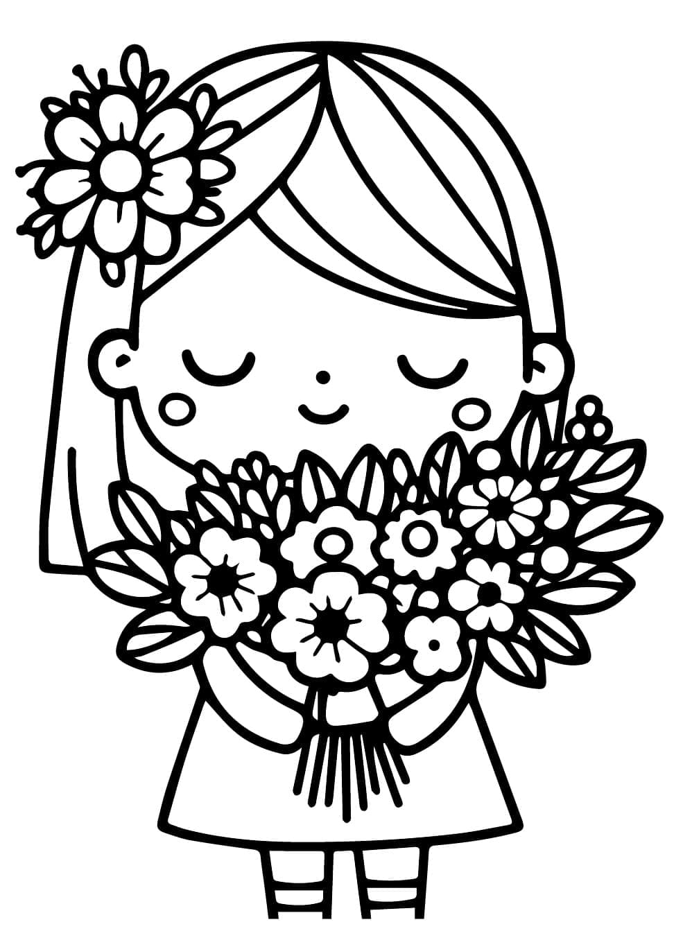 Lille pige med blomsterbuket Tegninger til Farvelægning