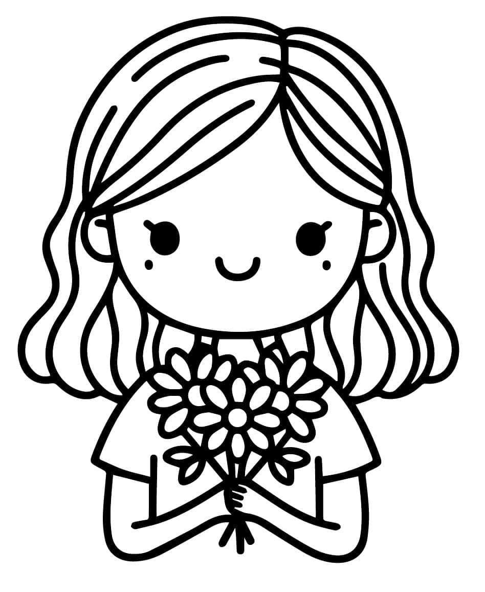 Sød pige med blomsterbuket Tegninger til Farvelægning