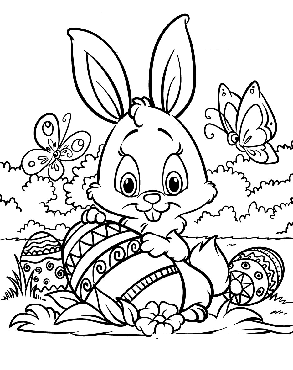 Lille påskehare med sommerfugl Tegninger til Farvelægning