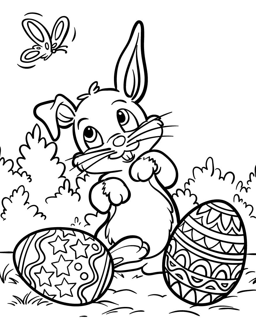 Påskehare med en smuk sommerfugl Tegninger til Farvelægning