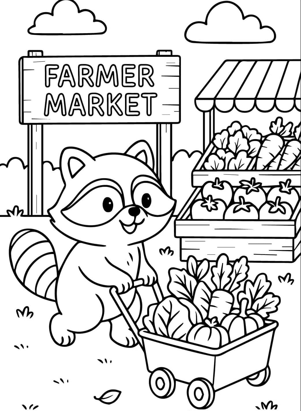 Vaskebjørn går på marked Tegninger til Farvelægning