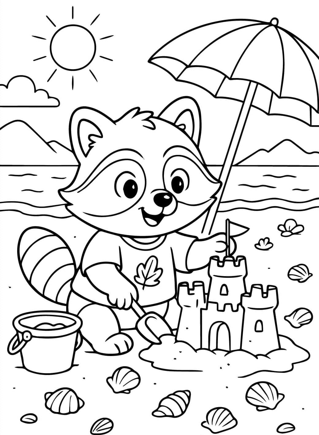 Vaskebjørn går til stranden Tegninger til Farvelægning