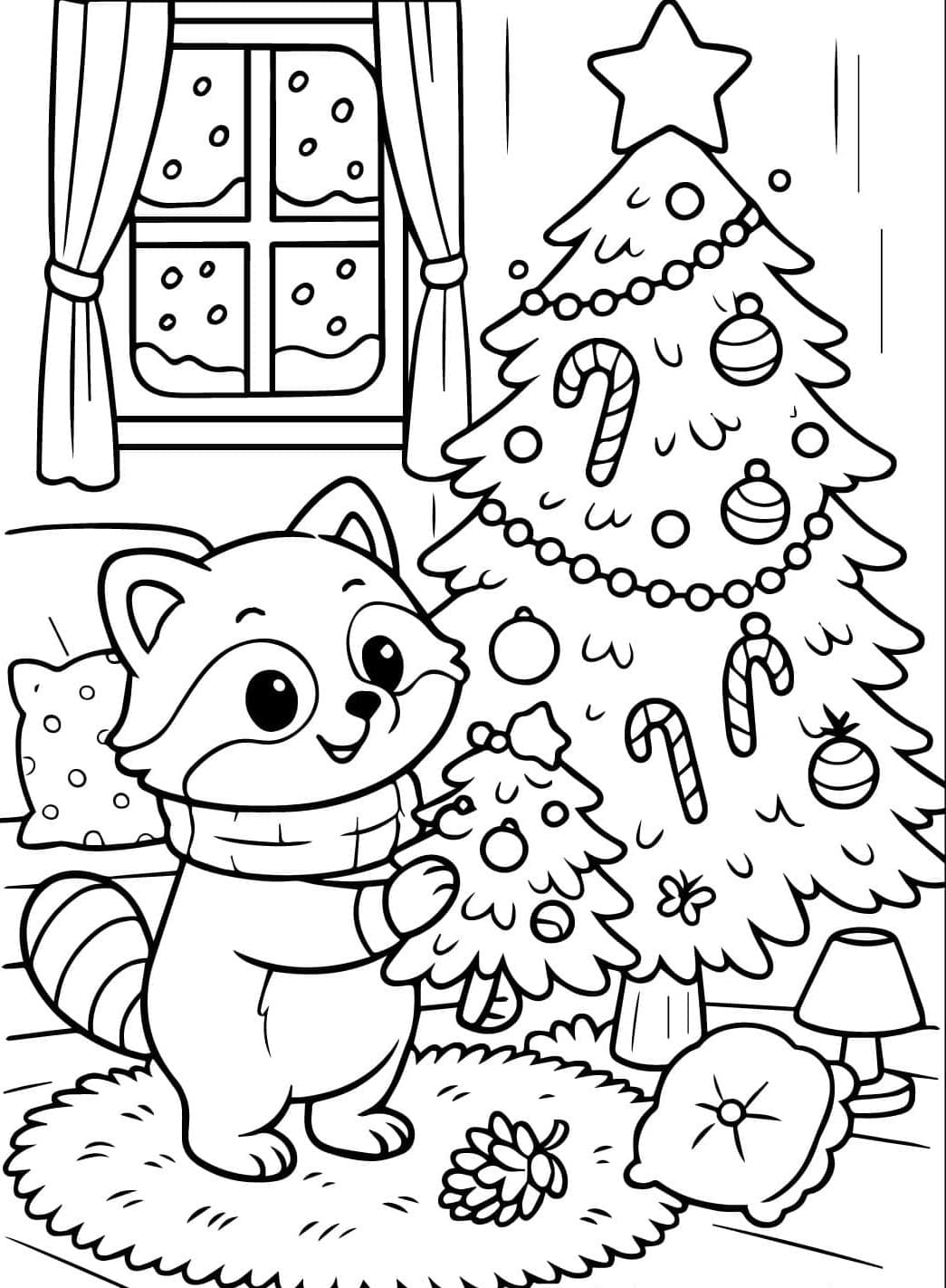 Vaskebjørn pynter juletræ Tegninger til Farvelægning