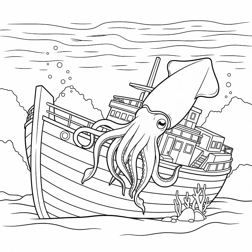 Blæksprutte og båd Tegninger til Farvelægning