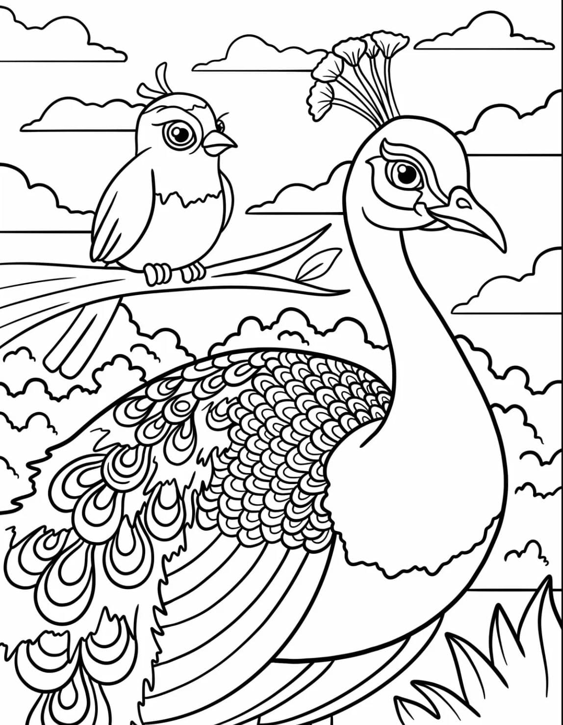 Påfugl og fugl Tegninger til Farvelægning