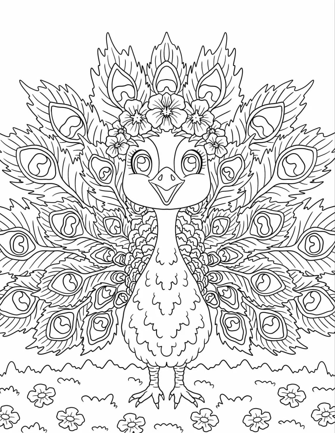 Smilende tegneseriepåfugl Tegninger til Farvelægning