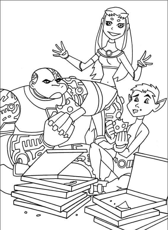 Cyborg og venner spiser pizza Tegninger til Farvelægning