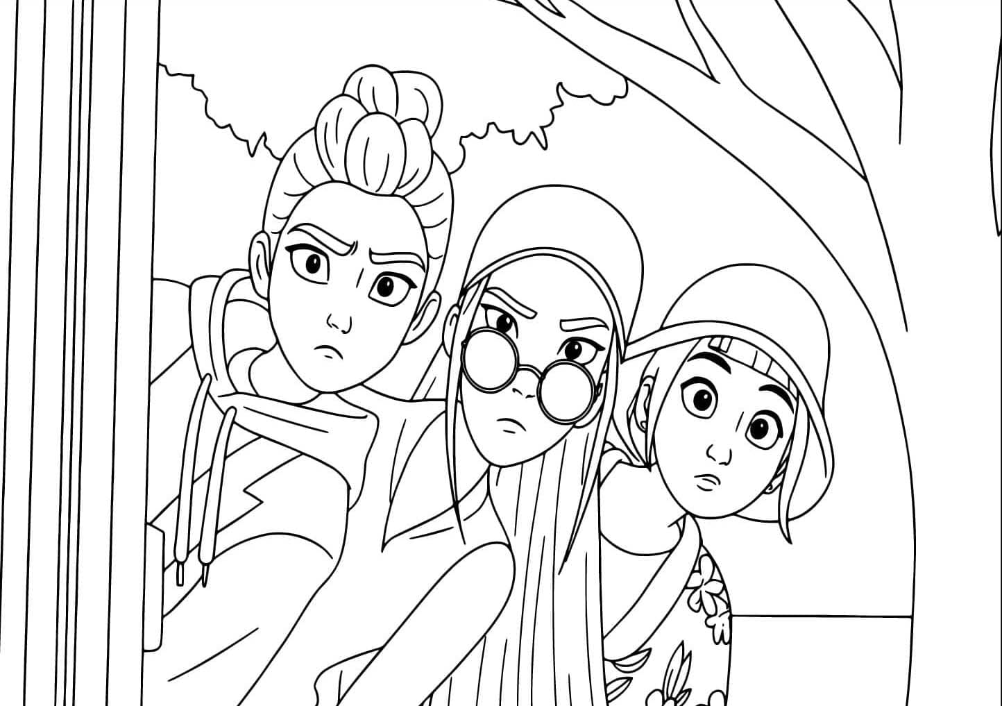 Tre pigegrupper jægere Tegninger til Farvelægning