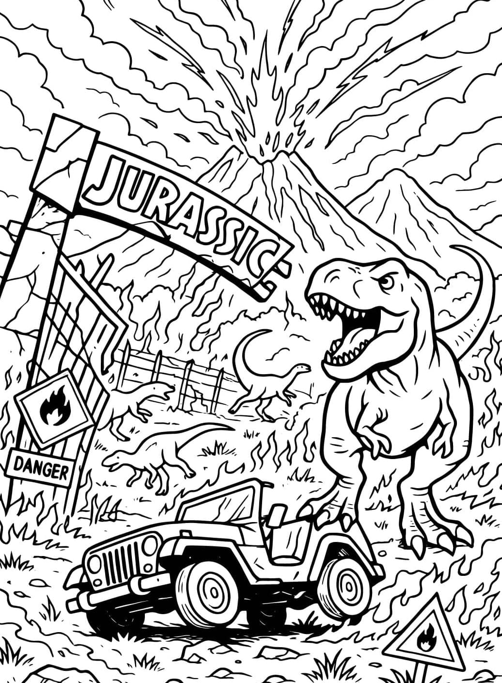 Dinosaur og vulkan Tegninger til Farvelægning