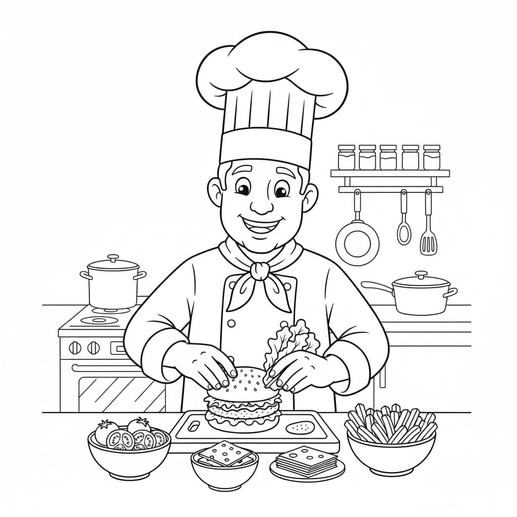 Kokken laver hamburger Tegninger til Farvelægning