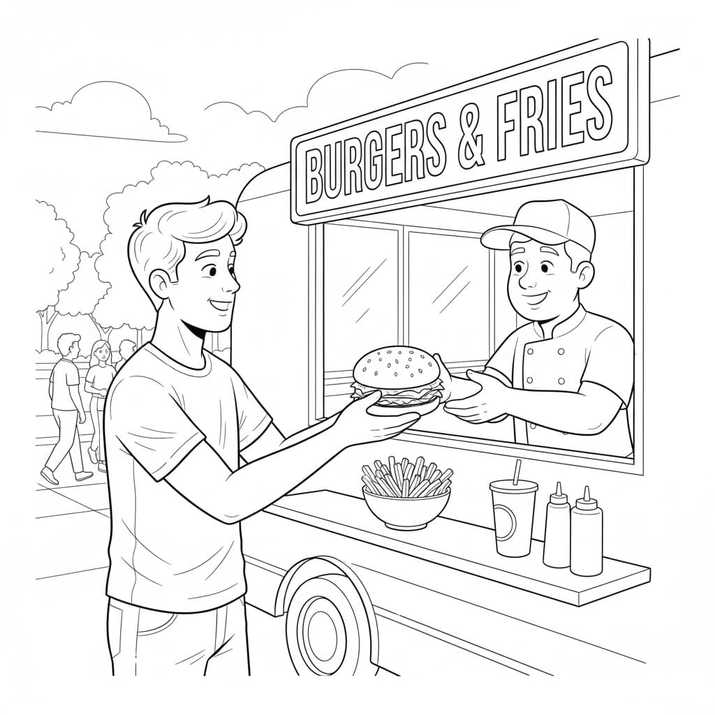 Lille dreng køber hamburger Tegninger til Farvelægning