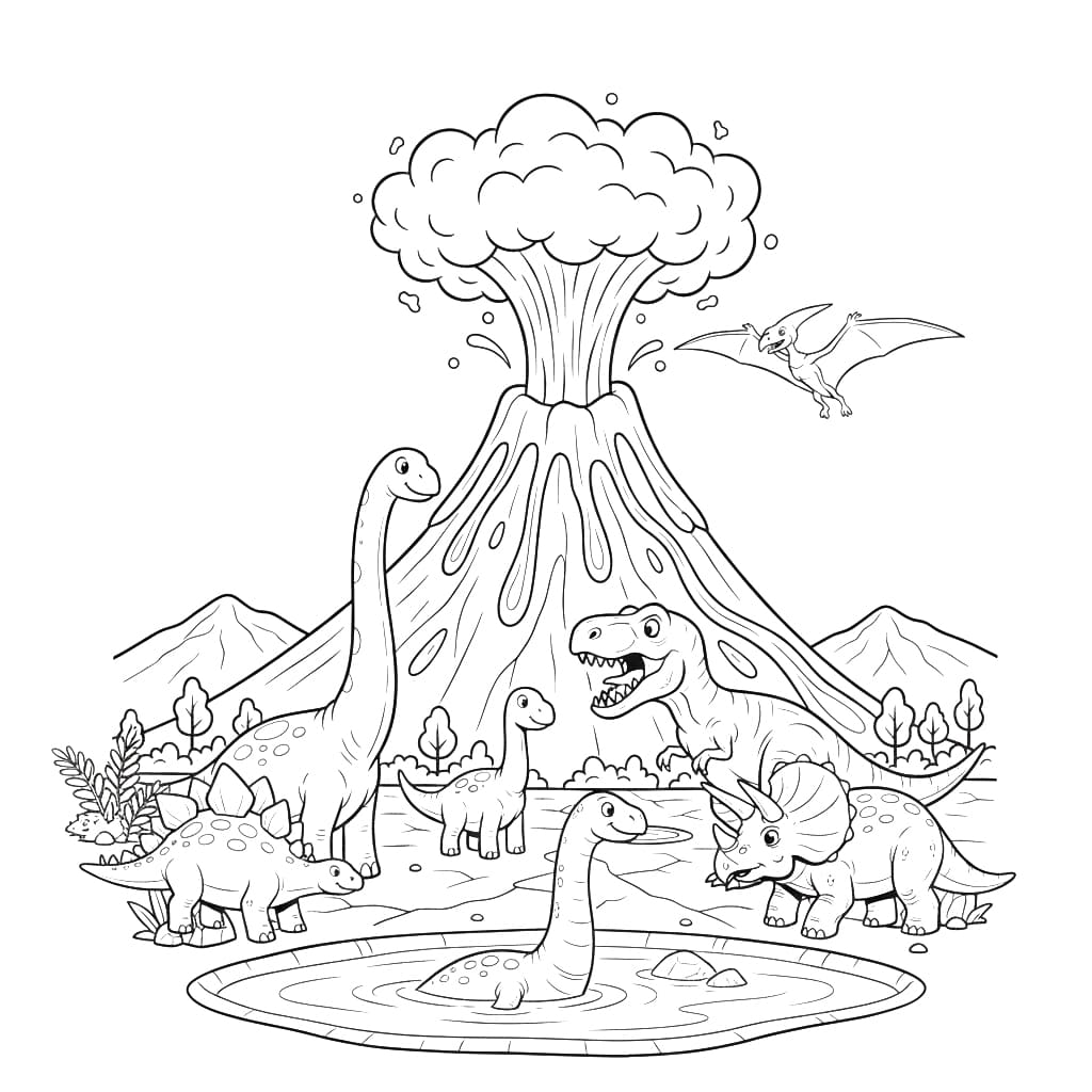 Vulkan og mange dinosaurer Tegninger til Farvelægning