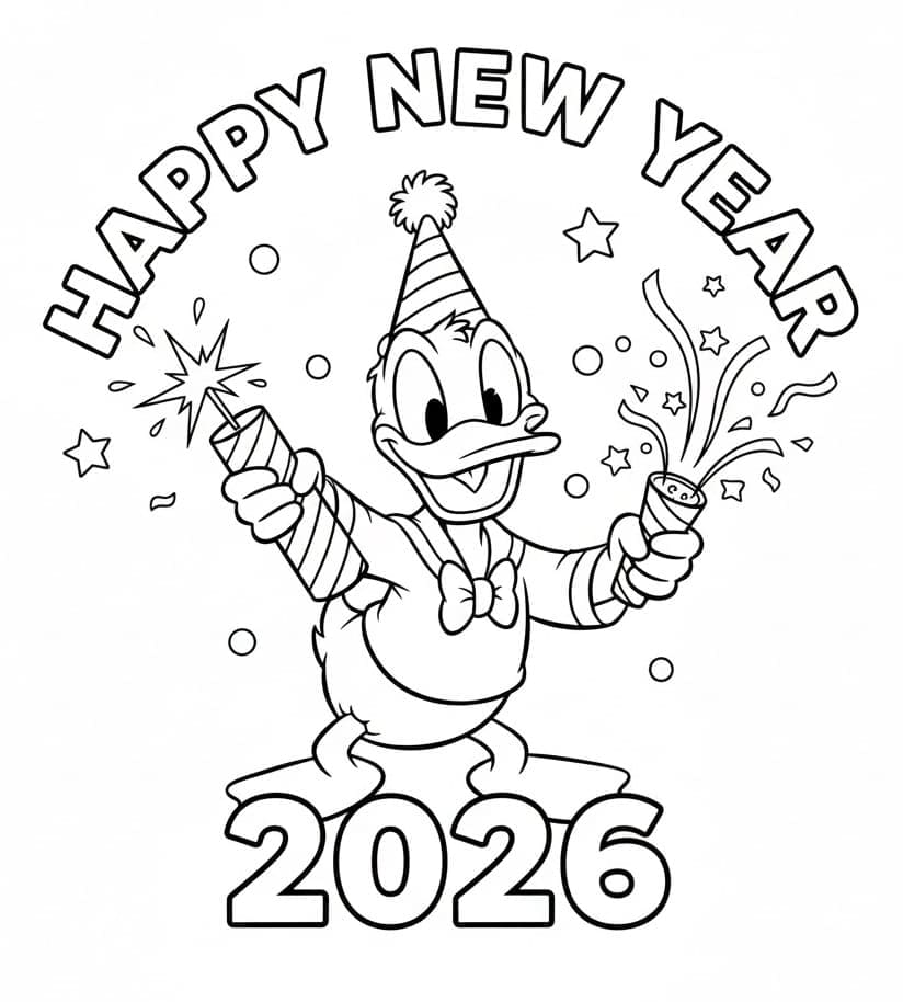 Anders And med nytårshilsner 2026 Tegninger til Farvelægning