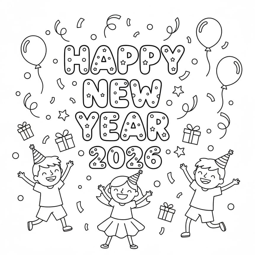 Børn med godt nytår 2026 Tegninger til Farvelægning