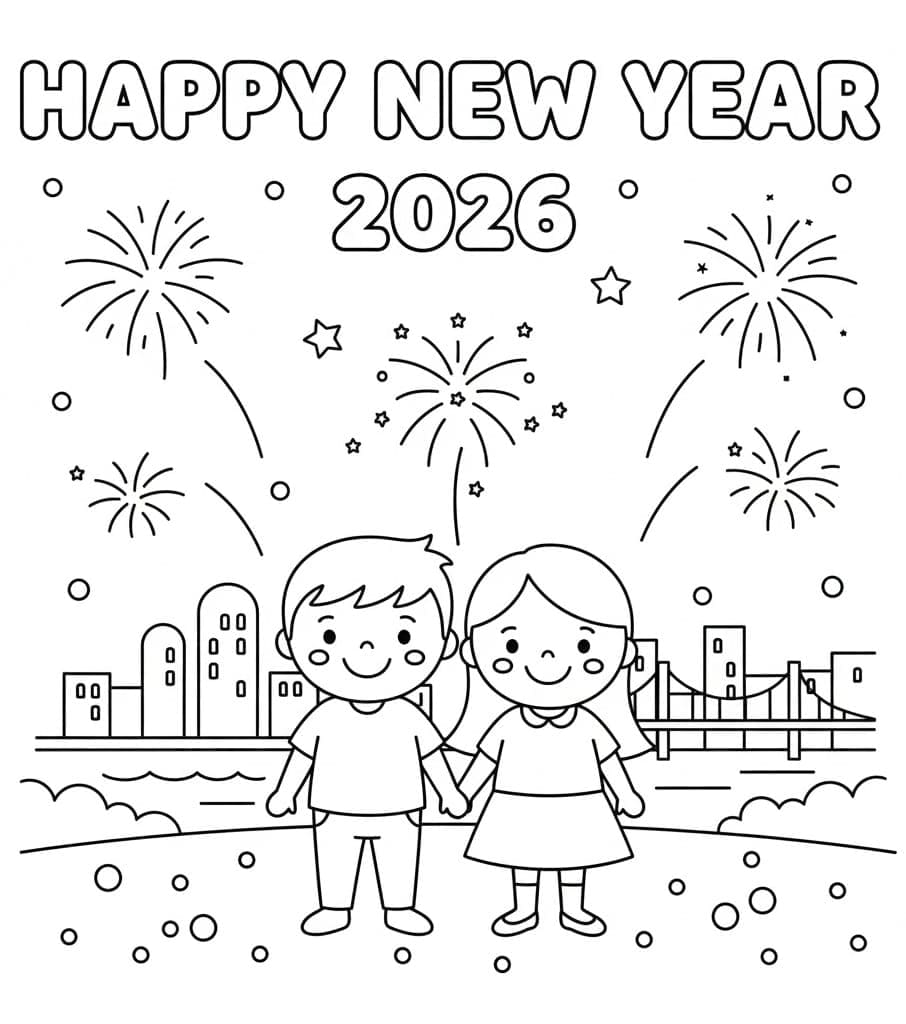 Børn og godt nytår 2026 Tegninger til Farvelægning