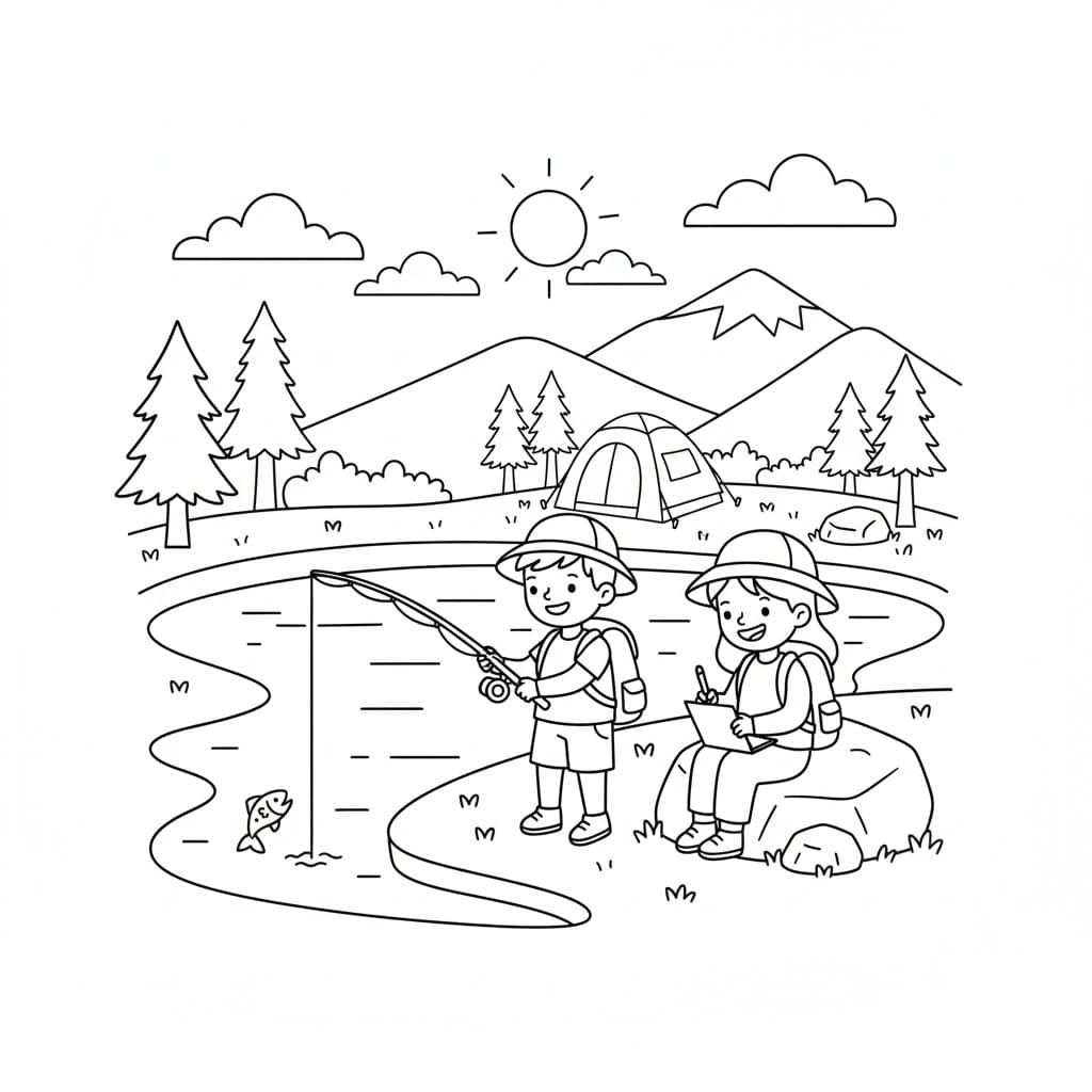 Camping i floden Tegninger til Farvelægning