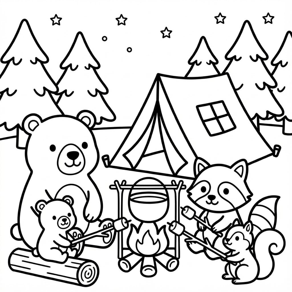 Camping med bjørn Tegninger til Farvelægning