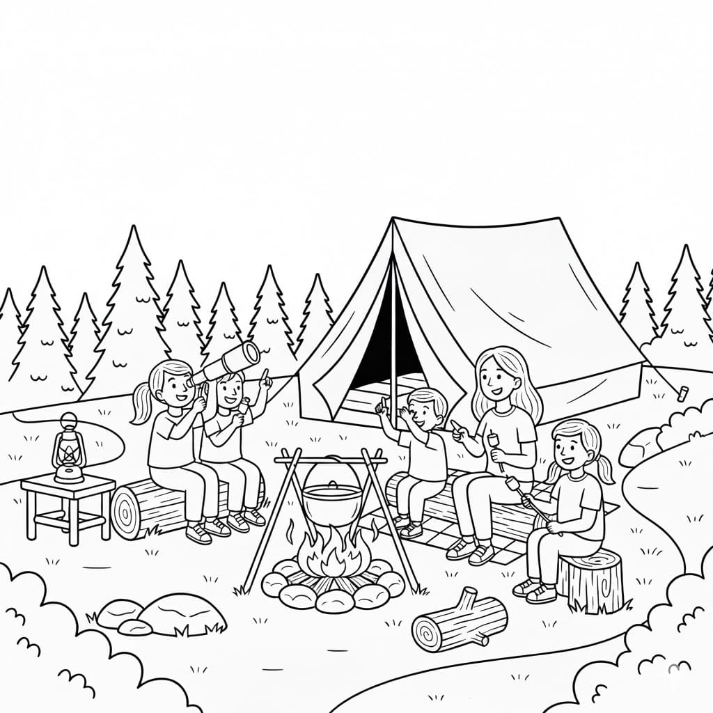 Campingbillede gratis Tegninger til Farvelægning