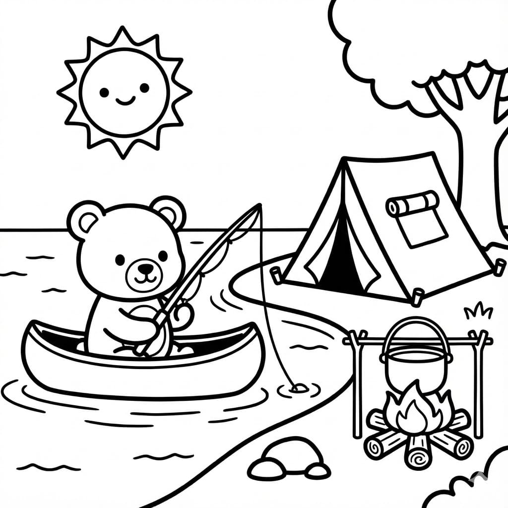 Campingbjørn går på fisketur Tegninger til Farvelægning