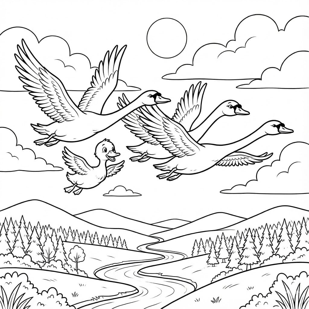 Den Grimme Ælling flyvende Tegninger til Farvelægning