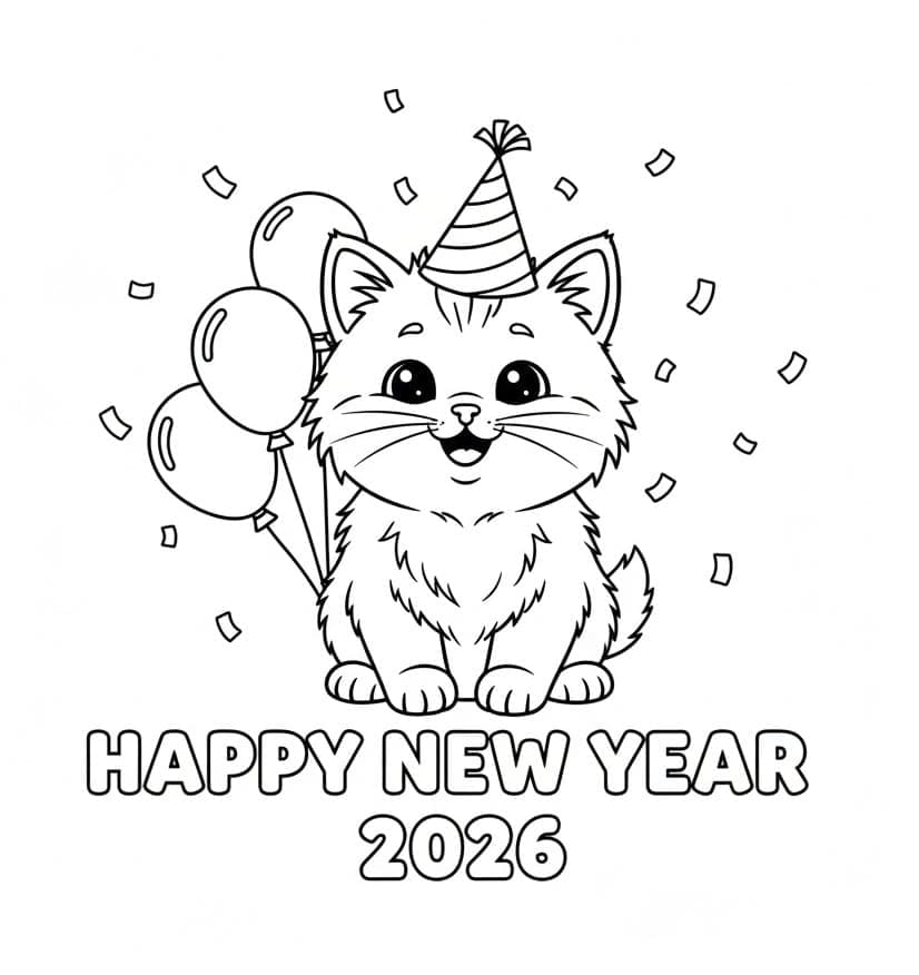 En kat ønsker et godt nytår 2026 Tegninger til Farvelægning
