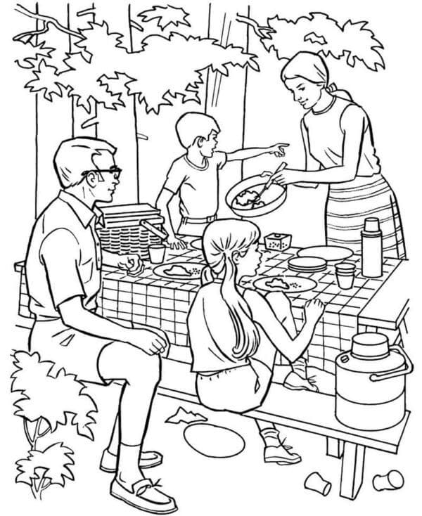 En omsorgsfuld mor tilberedte middag til hele familien Tegninger til Farvelægning