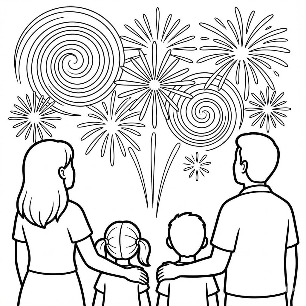 Familie og fyrværkeri Tegninger til Farvelægning