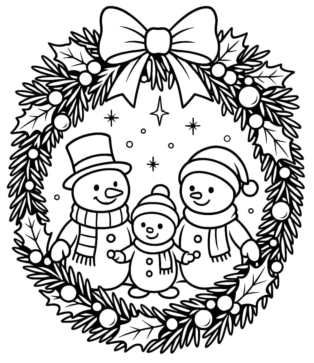 Familie på tre snemænd i en julekrans Tegninger til Farvelægning