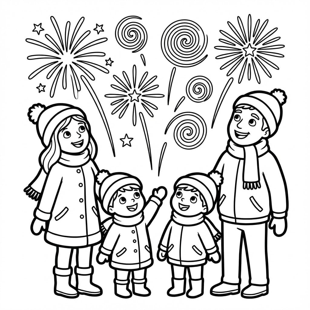 Familie ser fyrværkeri Tegninger til Farvelægning