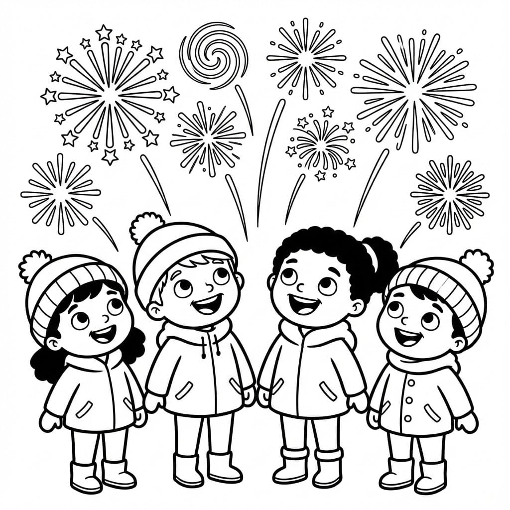 Fire børn og fyrværkeri Tegninger til Farvelægning