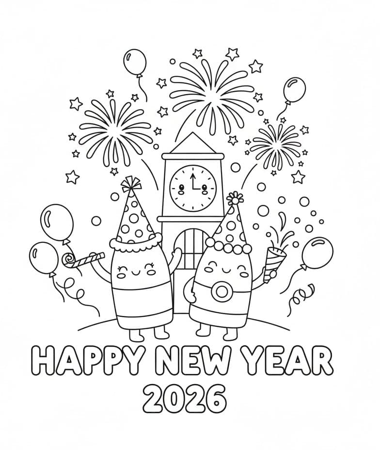 Godt nytår 2026 gratis Tegninger til Farvelægning
