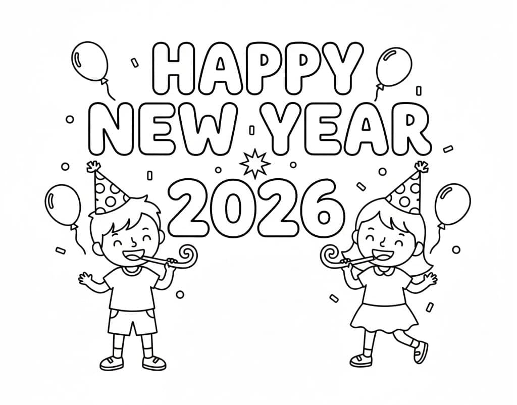 Godt nytår 2026 Gratis for børn Tegninger til Farvelægning