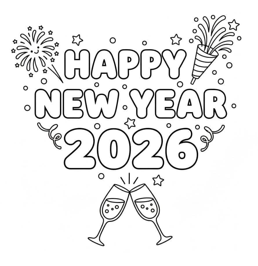 Godt nytår 2026 Gratis print Tegninger til Farvelægning