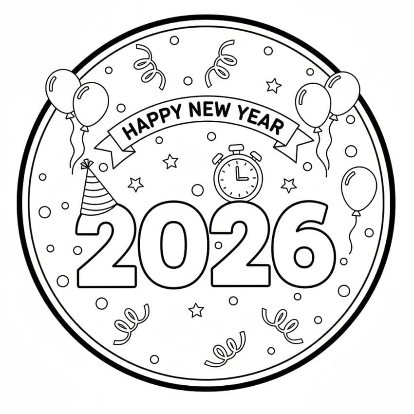 Godt nytår 2026 Gratis print til børn Tegninger til Farvelægning