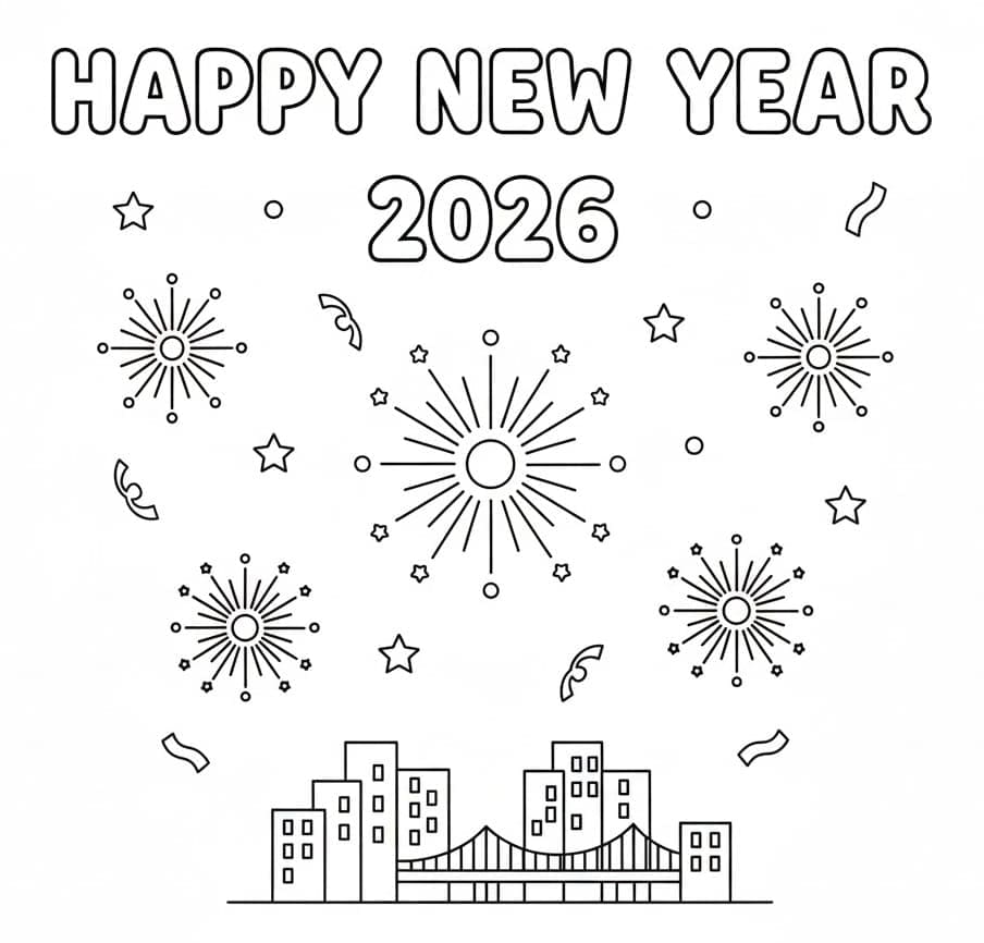 Godt nytår 2026 - Gratis printbar Tegninger til Farvelægning